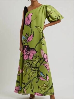 Stine Goya Green Floral One-Shoulder Maxi Dress Puff Sleeve EUC MEDIUM